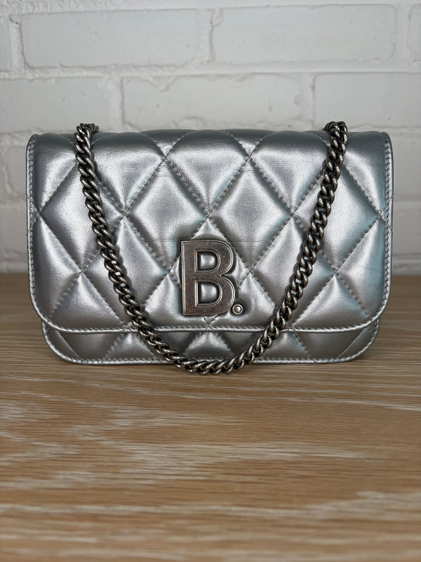 Balenciaga B Wallet on Chain Quilted Metallic LeatherPuffer Silver