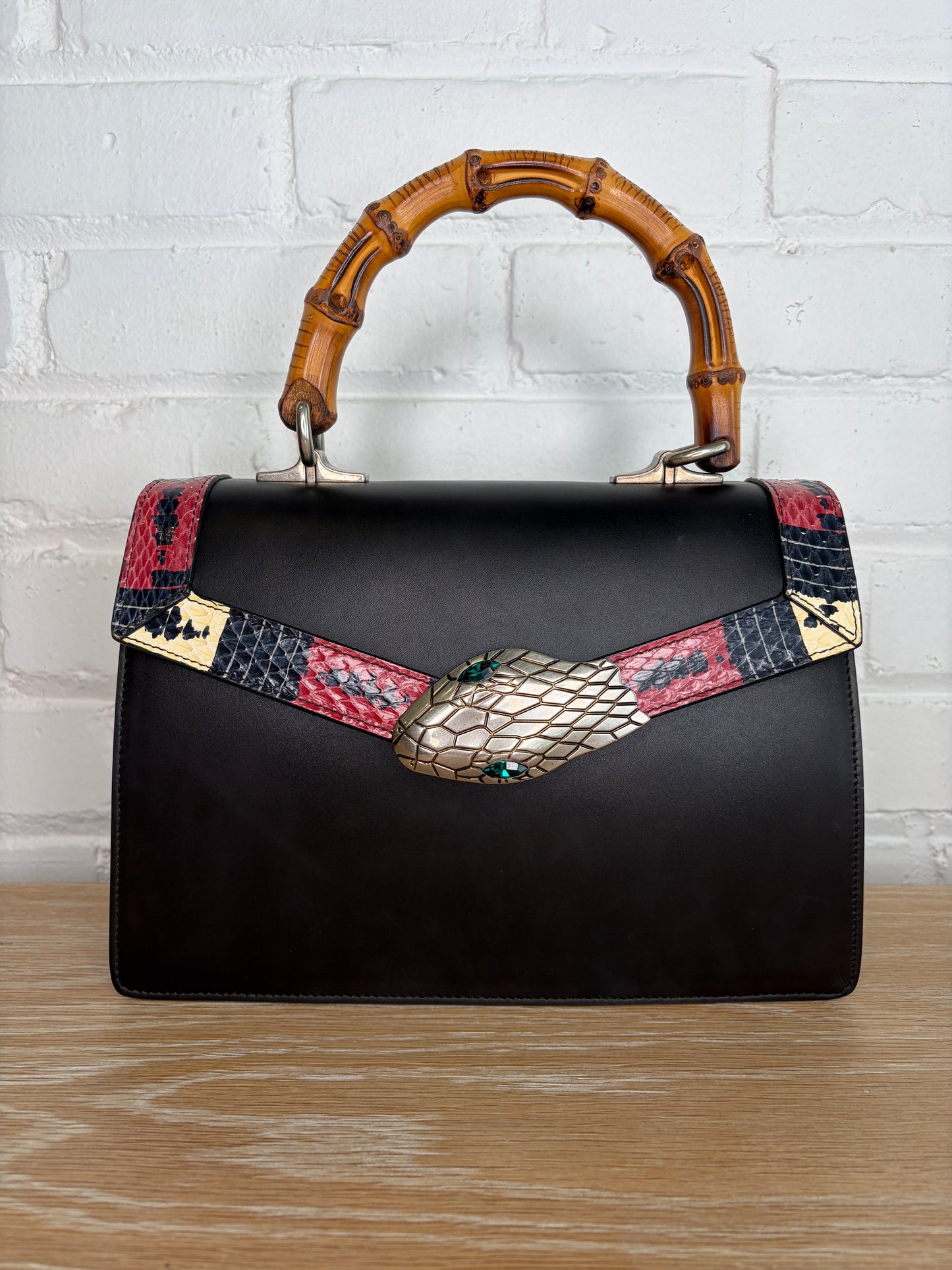 Gucci Black Calfskin Snakeskin Lilith Top Handle