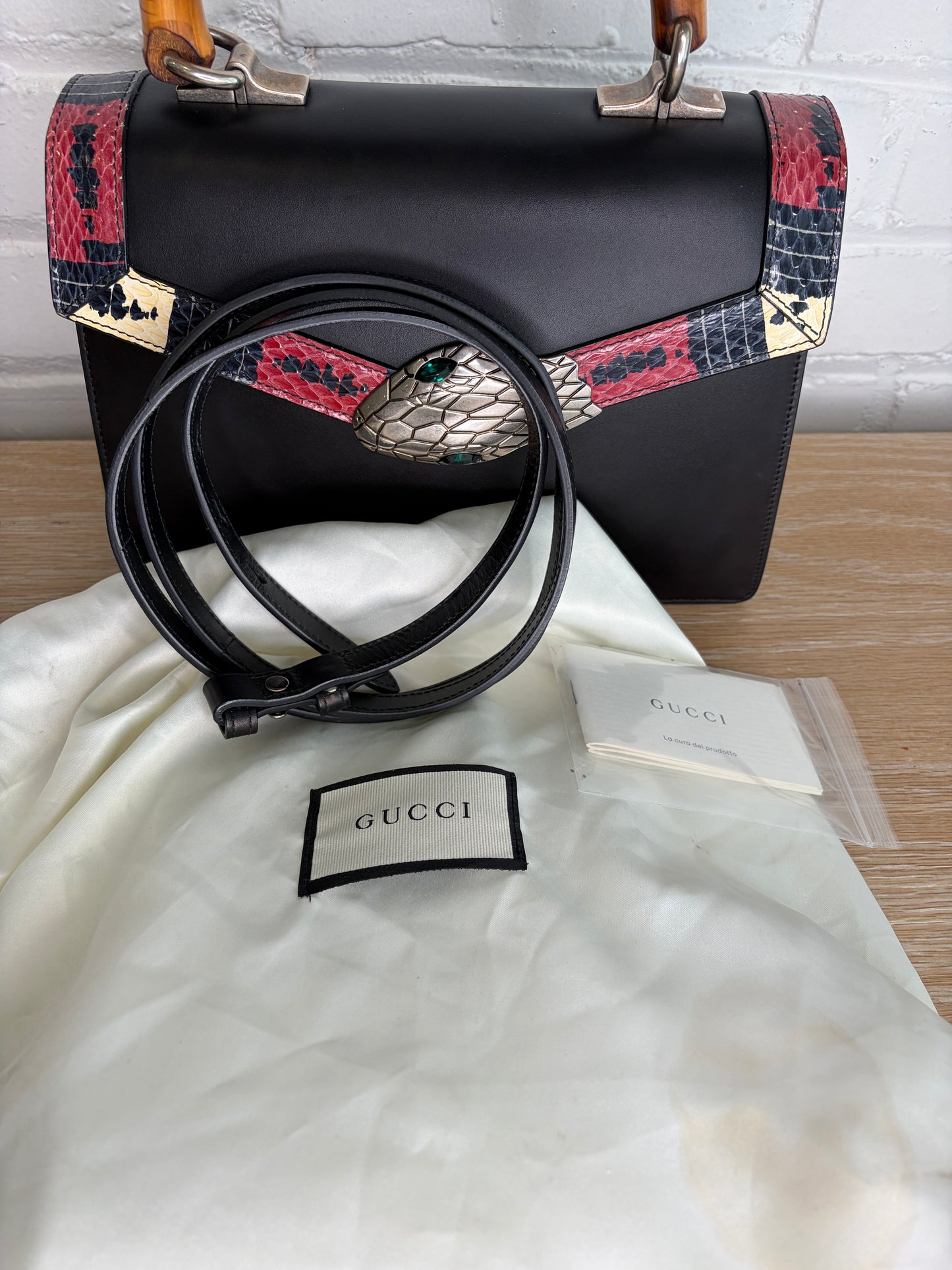 Gucci Black Calfskin Snakeskin Lilith Top Handle