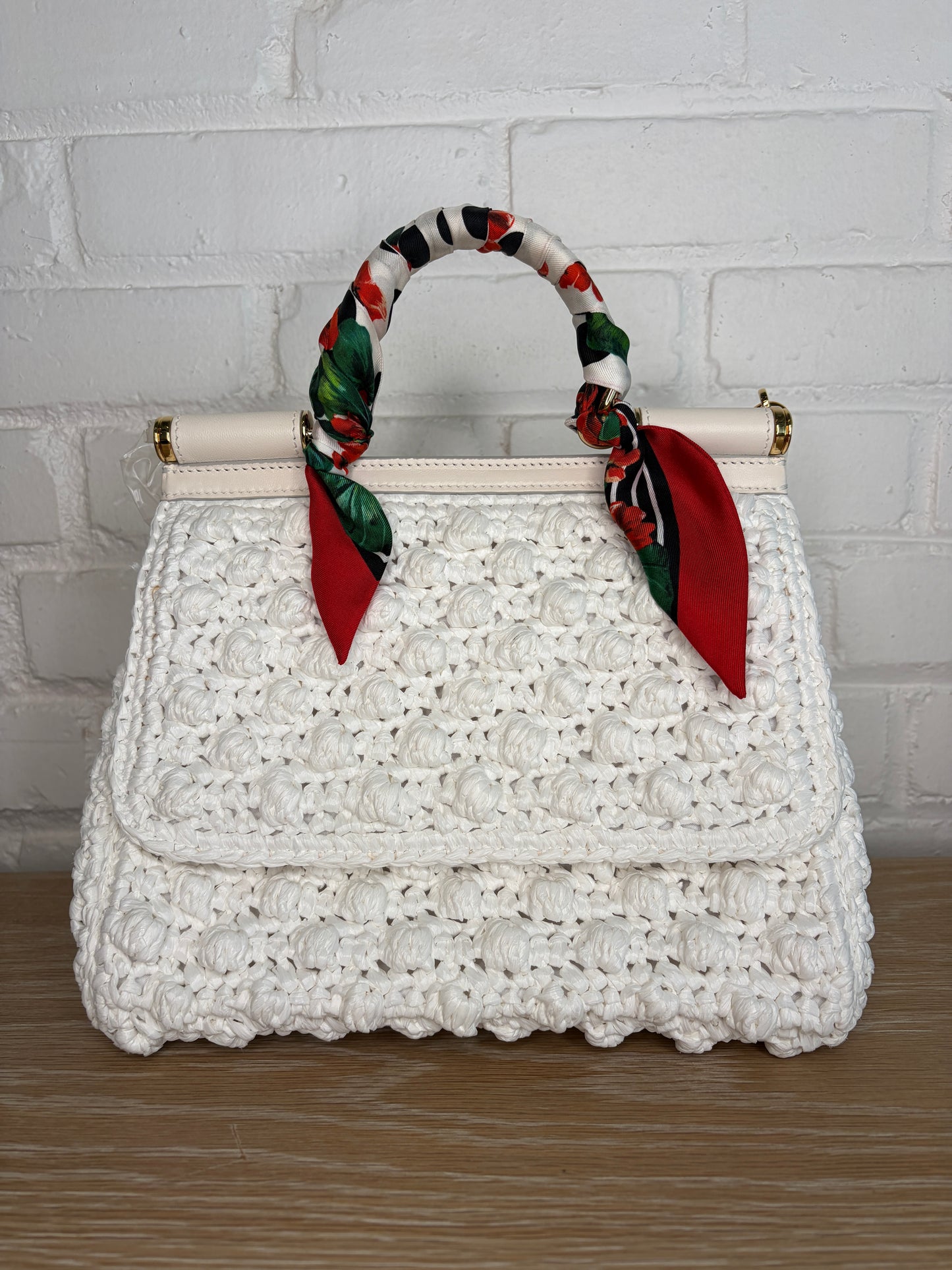 Dolce & Gabbana Medium White Crochet Raffia Sicily Handbag with Handkerchief
