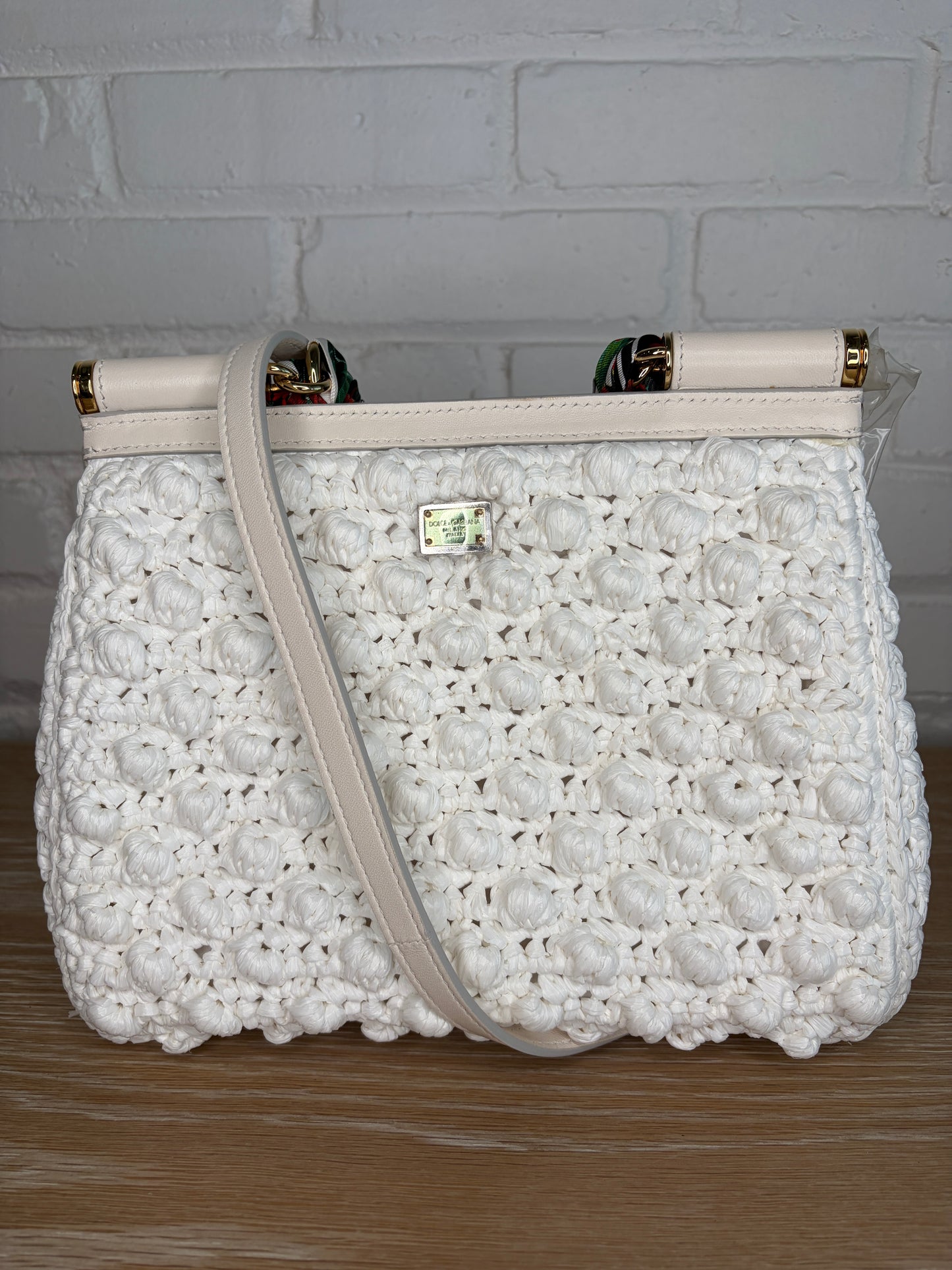 Dolce & Gabbana Medium White Crochet Raffia Sicily Handbag with Handkerchief