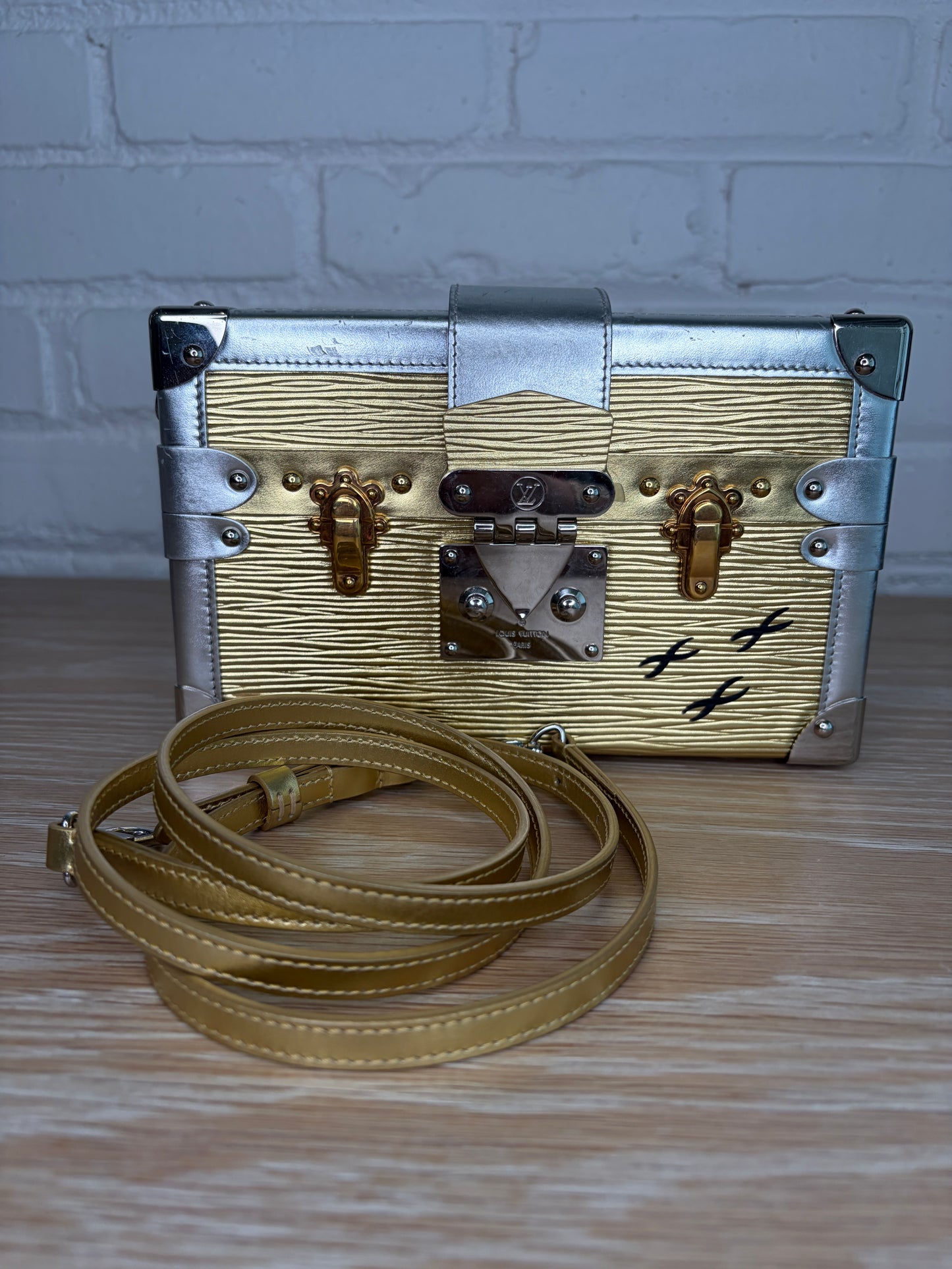 Louis Vuitton Petite Malle Handbag Epi Leather Silver and Gold