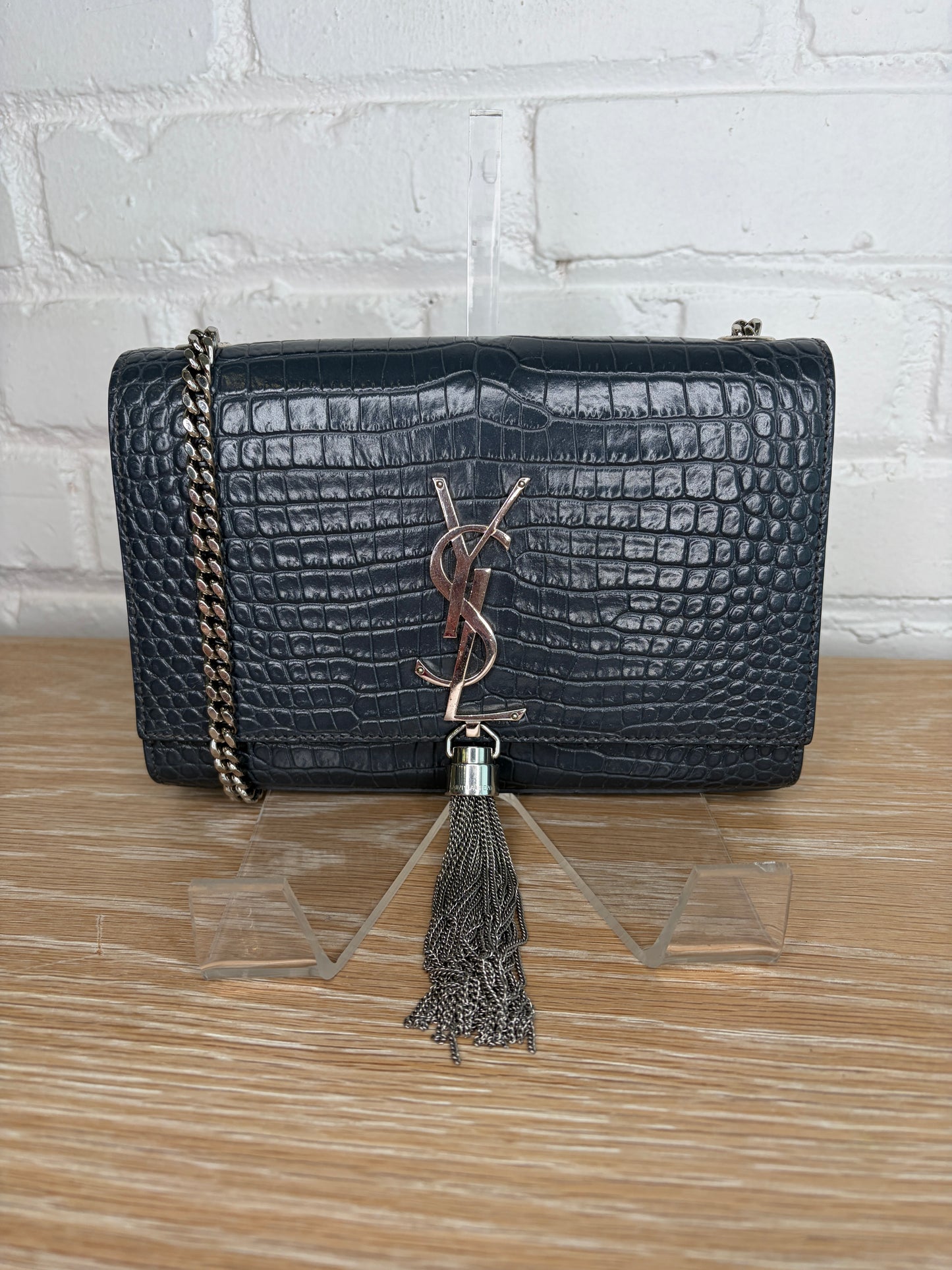 Saint Laurent Kate Crossbody Croc-Embossed Keather