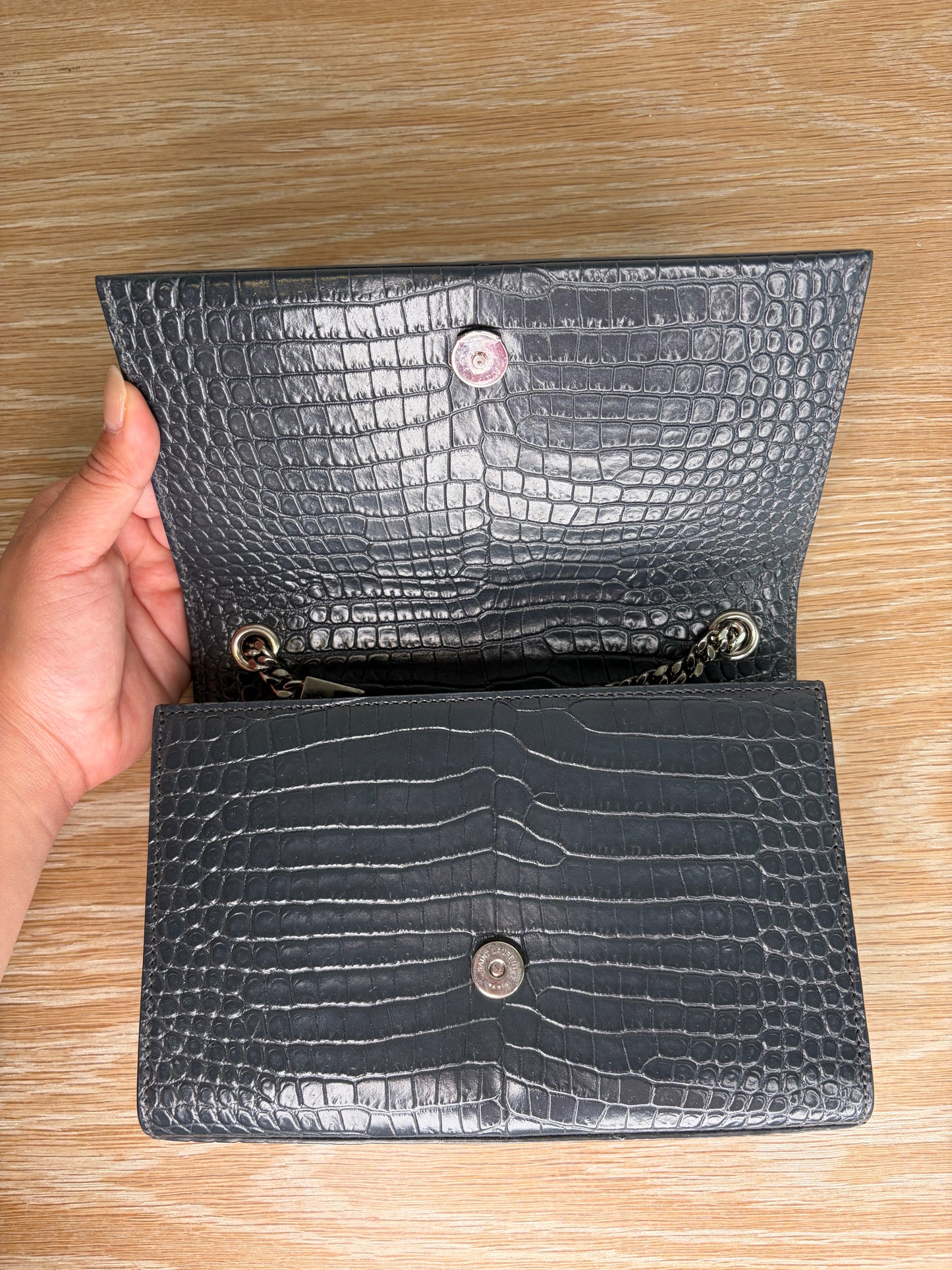 Saint Laurent Kate Crossbody Croc-Embossed Keather