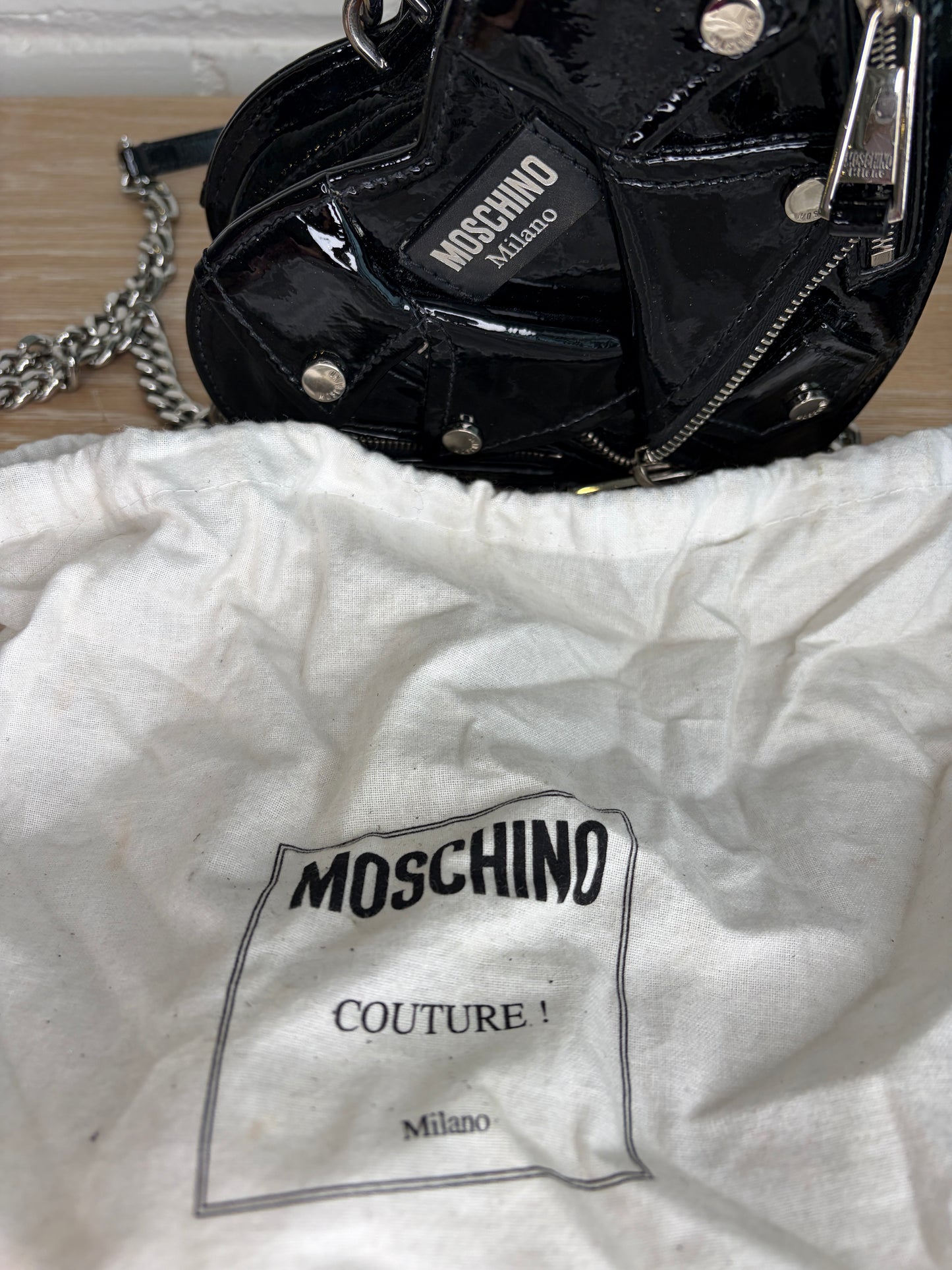 Moschino Biker Heart Bag Black Silver Hardware