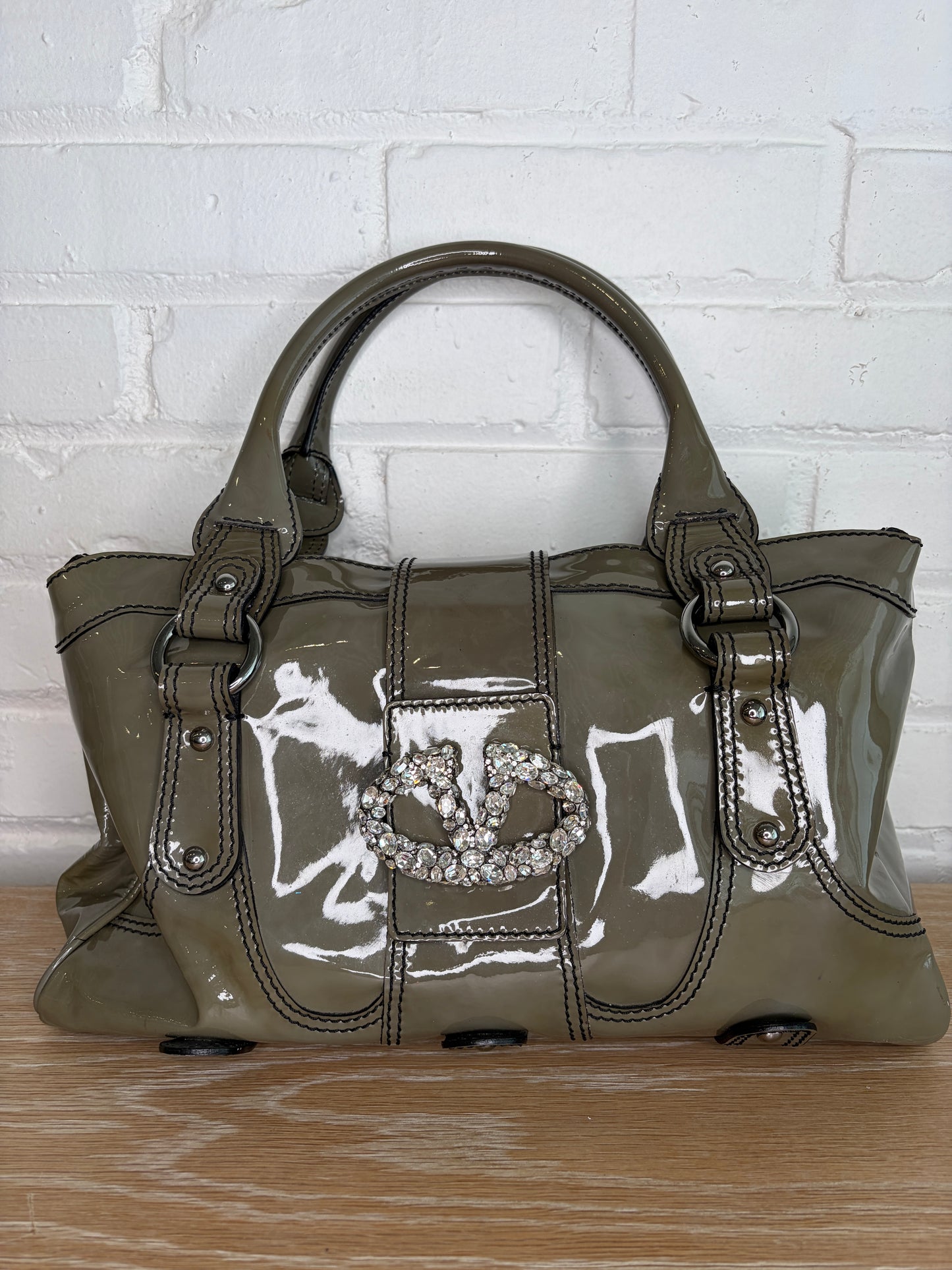 Valentino Garavani Catch Satchel Embelished Olive Green Patent Leather