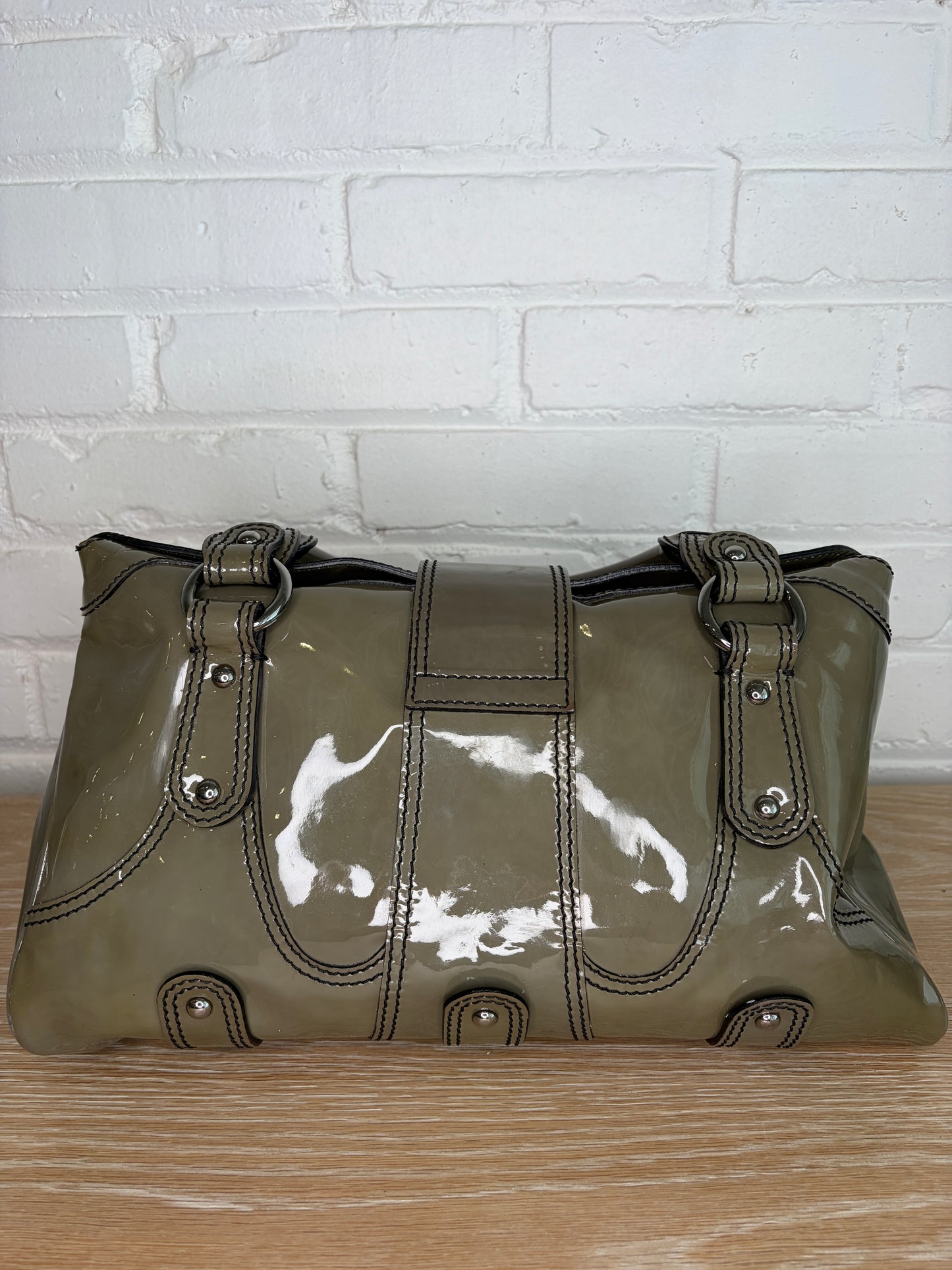 Valentino Garavani Catch Satchel Embelished Olive Green Patent Leather